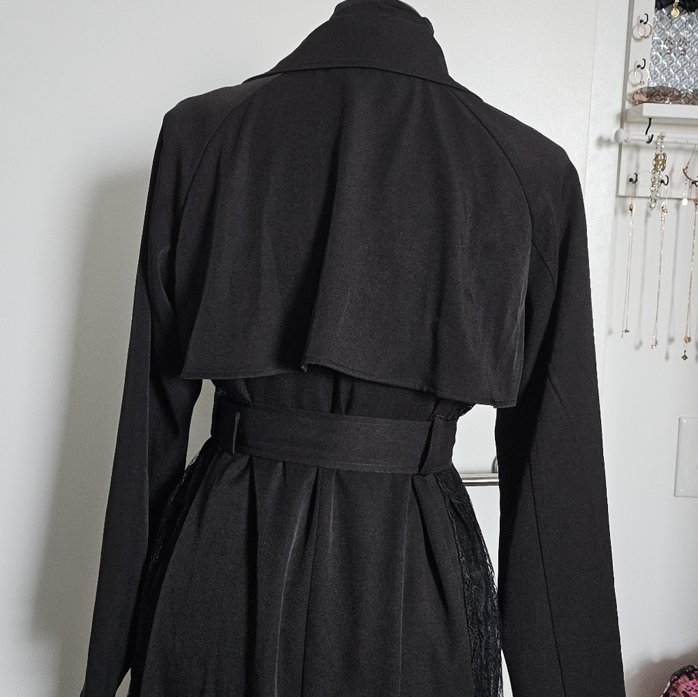Resexxy Gyaru Black Trench Coat Pleated Lace Panel Sides Tortoise Shell Buttons - Picture 10 of 14